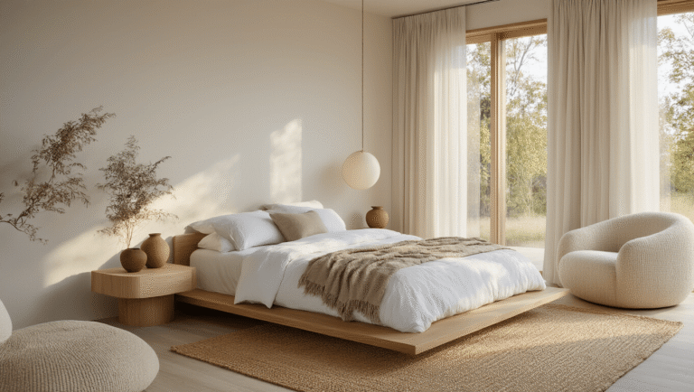 Photorealistic interior of an organic modern bedroom featuring a solid oak platform bed with white linen bedding, floor-to-ceiling windows, light ash nightstands, ceramic lamps, a jute rug, and a bouclé armchair, all bathed in warm golden hour light.