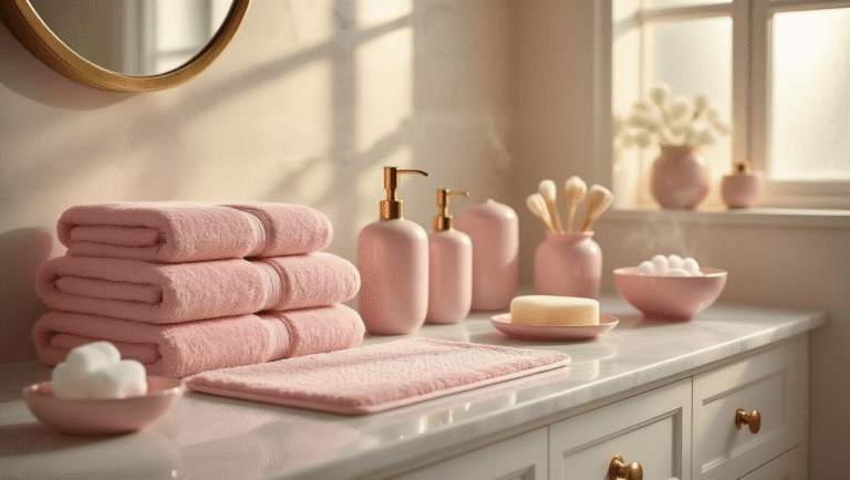 Luxurious bathroom with blush pink towels on a marble vanity, rose gold fixtures, ceramic accessories, and warm golden hour lighting, creating a tranquil spa-like ambiance.