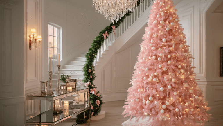 Photorealistic image of an elegant entryway featuring a 7-foot slim pink Christmas tree beside a grand white staircase, adorned with warm white lights, lace ornaments, and pearl garlands, under a crystal chandelier, with soft golden hour light and lush emerald green garland with blush pink ribbons accenting the banister.