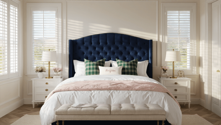 Elegant preppy bedroom with navy tufted velvet headboard, brass accents, layered bedding, and herringbone hardwood floors, illuminated by golden hour sunlight.