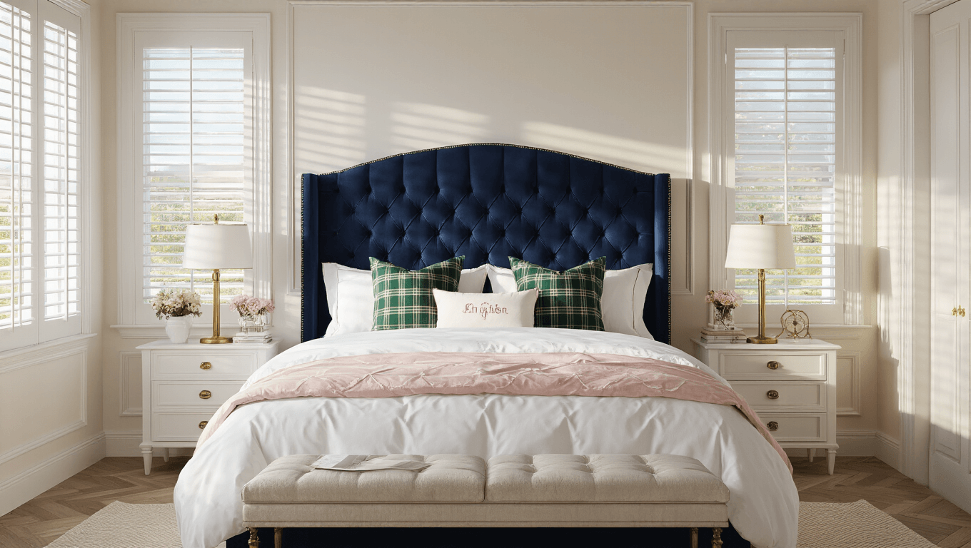 Elegant preppy bedroom with navy tufted velvet headboard, brass accents, layered bedding, and herringbone hardwood floors, illuminated by golden hour sunlight.