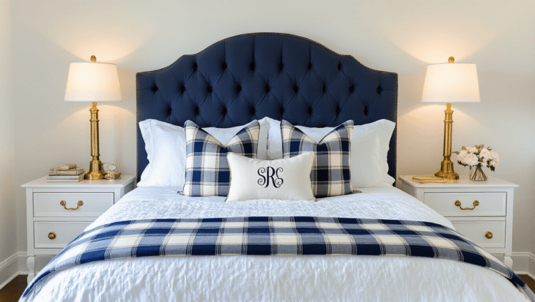 Elegant preppy bedroom featuring a navy and white tufted headboard, crisp cotton bedding, plaid throws, gingham pillows, gold accents, and morning sunlight filtering through white curtains.