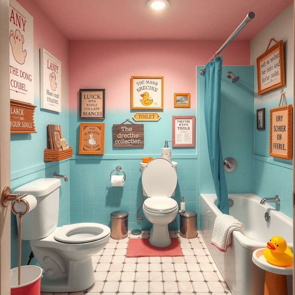 A colorful bathroom with humorous wall art and playful decor.