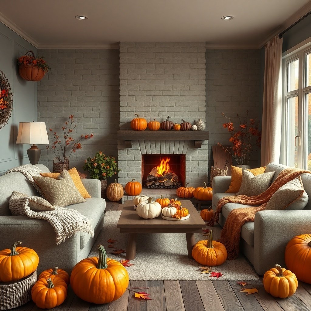 Cozy living room decorated for fall with pumpkins and warm textiles.