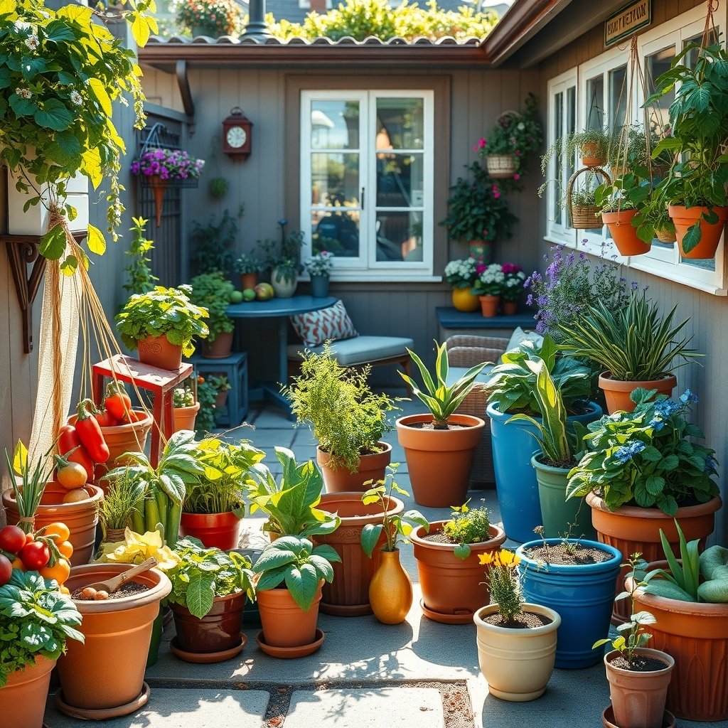 A small patio filled with various potted plants, including vegetables and flowers.