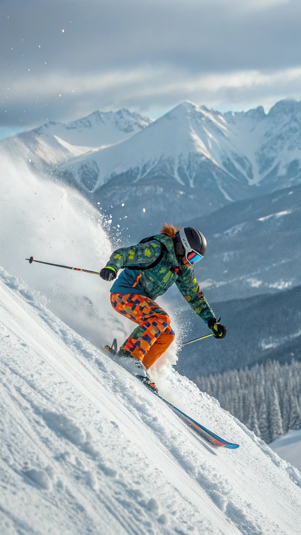 A skier in colorful gear skiing down a snowy slope with mountains in the background.