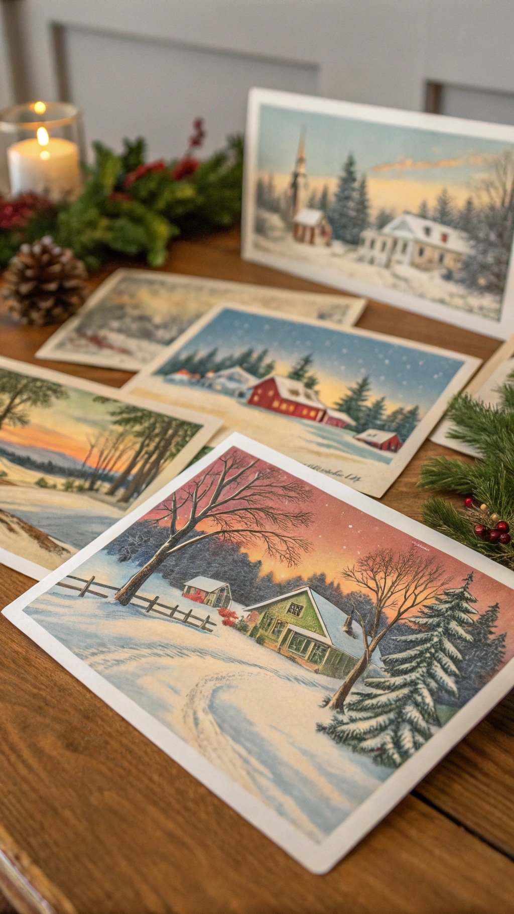 A collection of vintage holiday postcards featuring snowy landscapes and cozy homes