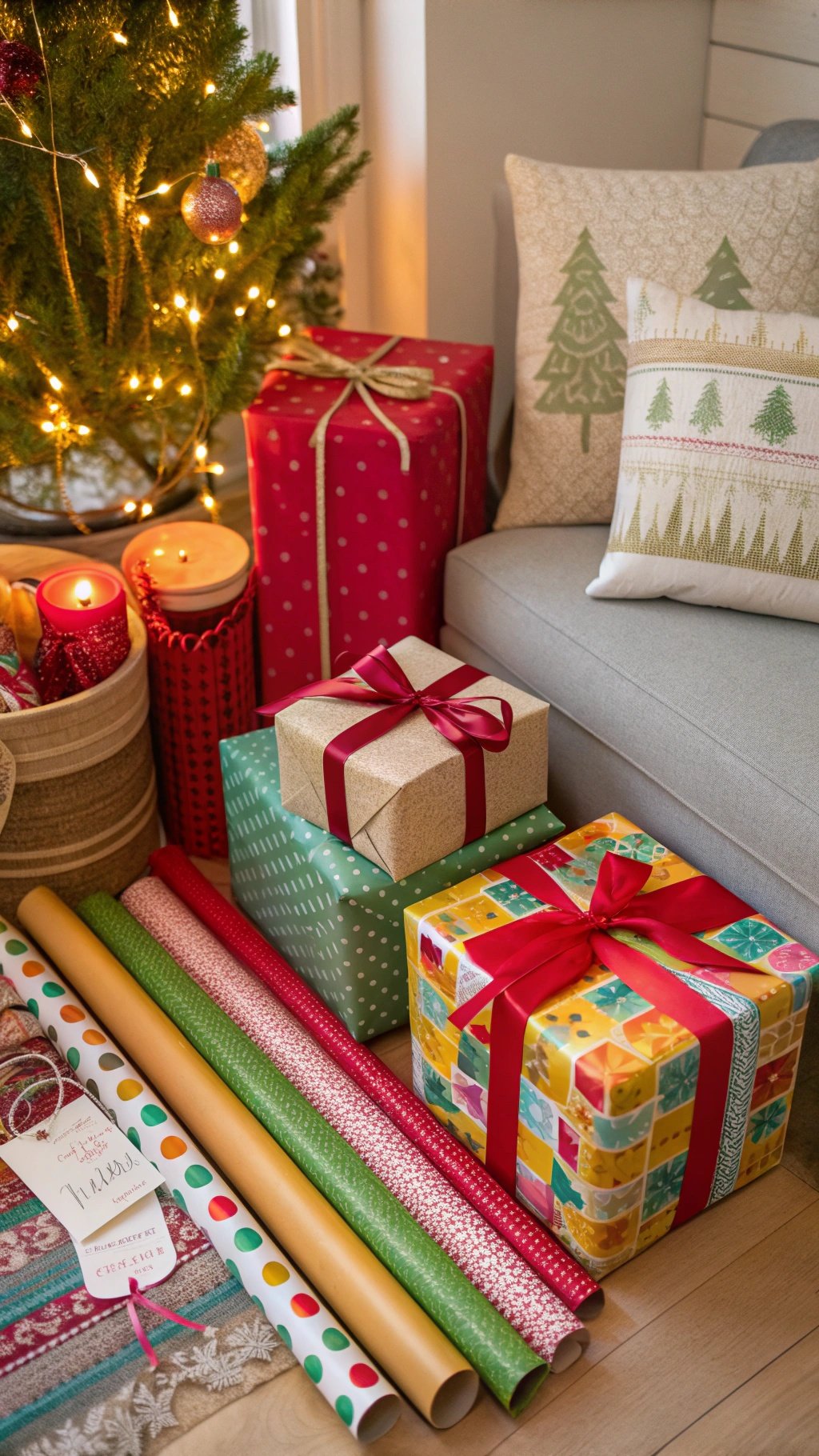 A cozy holiday scene with wrapped gifts, colorful ribbons, and a Christmas tree.