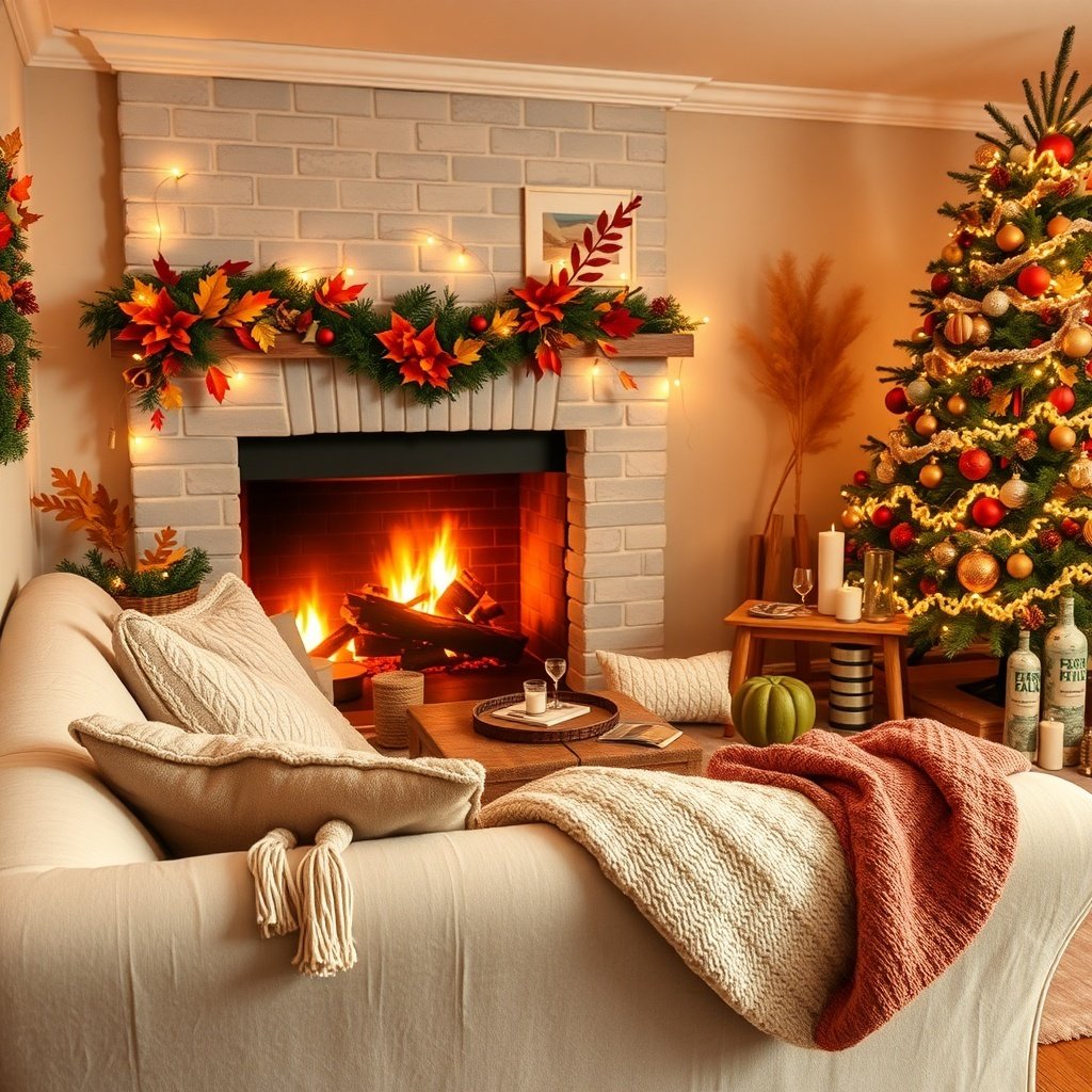 A cozy living room with a fireplace, autumn decorations, and a Christmas tree.