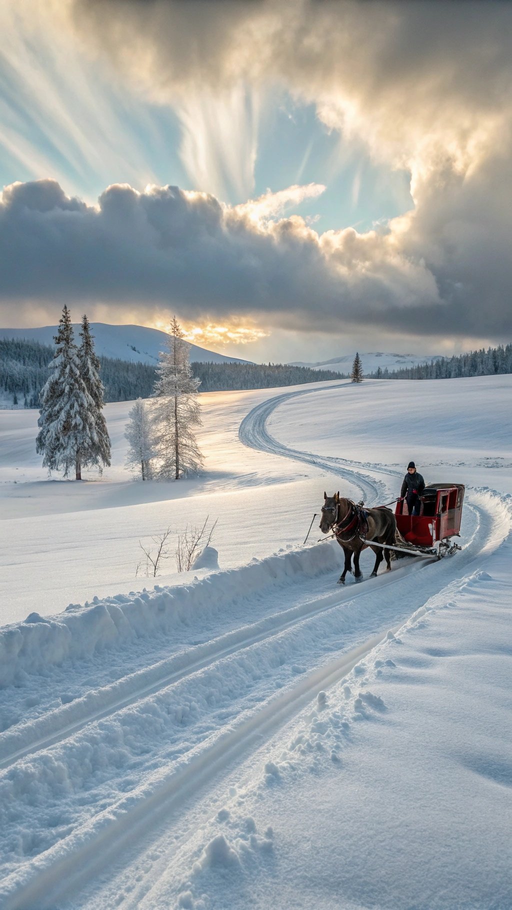 A horse-drawn sleigh riding through a snowy landscape with tall trees and a cloudy sky.