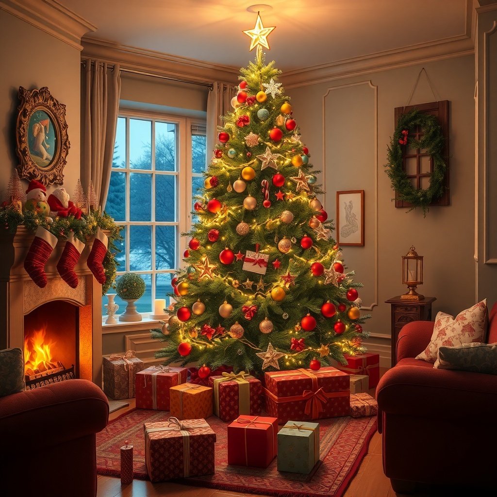 A beautifully decorated Christmas tree with ornaments and gifts around it.