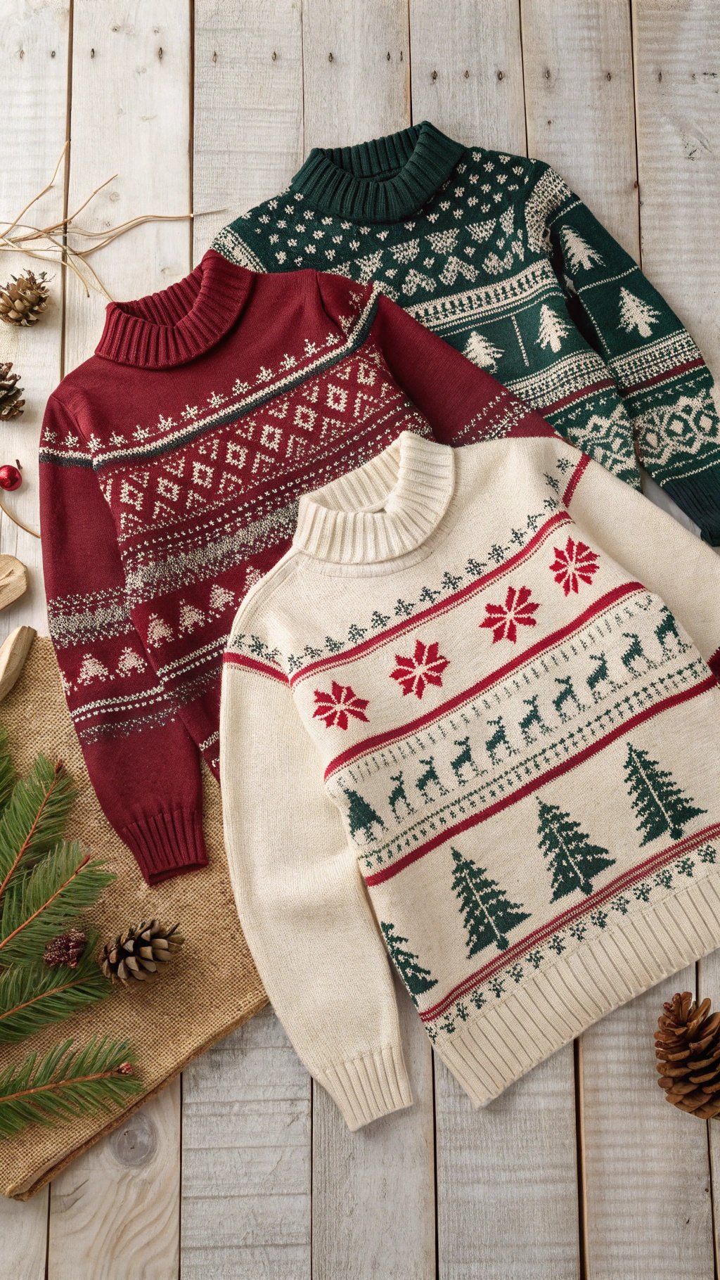 Three seasonal sweaters with festive patterns on a wooden surface