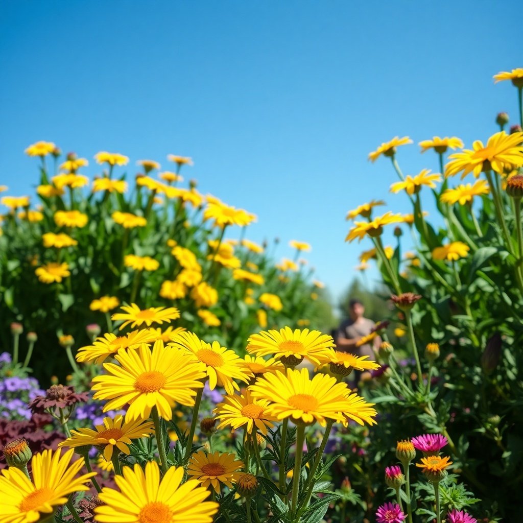 A vibrant garden filled with yellow flowers under a clear blue sky.