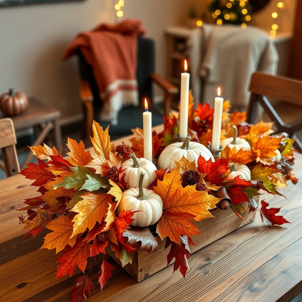 A cozy fall centerpiece with white pumpkins, autumn leaves, and candles. Fall and Christmas Decor Ideas