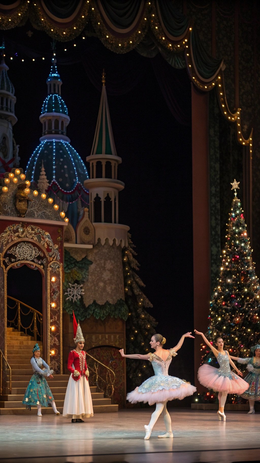 Dancers performing in the Nutcracker Ballet with a festive backdrop