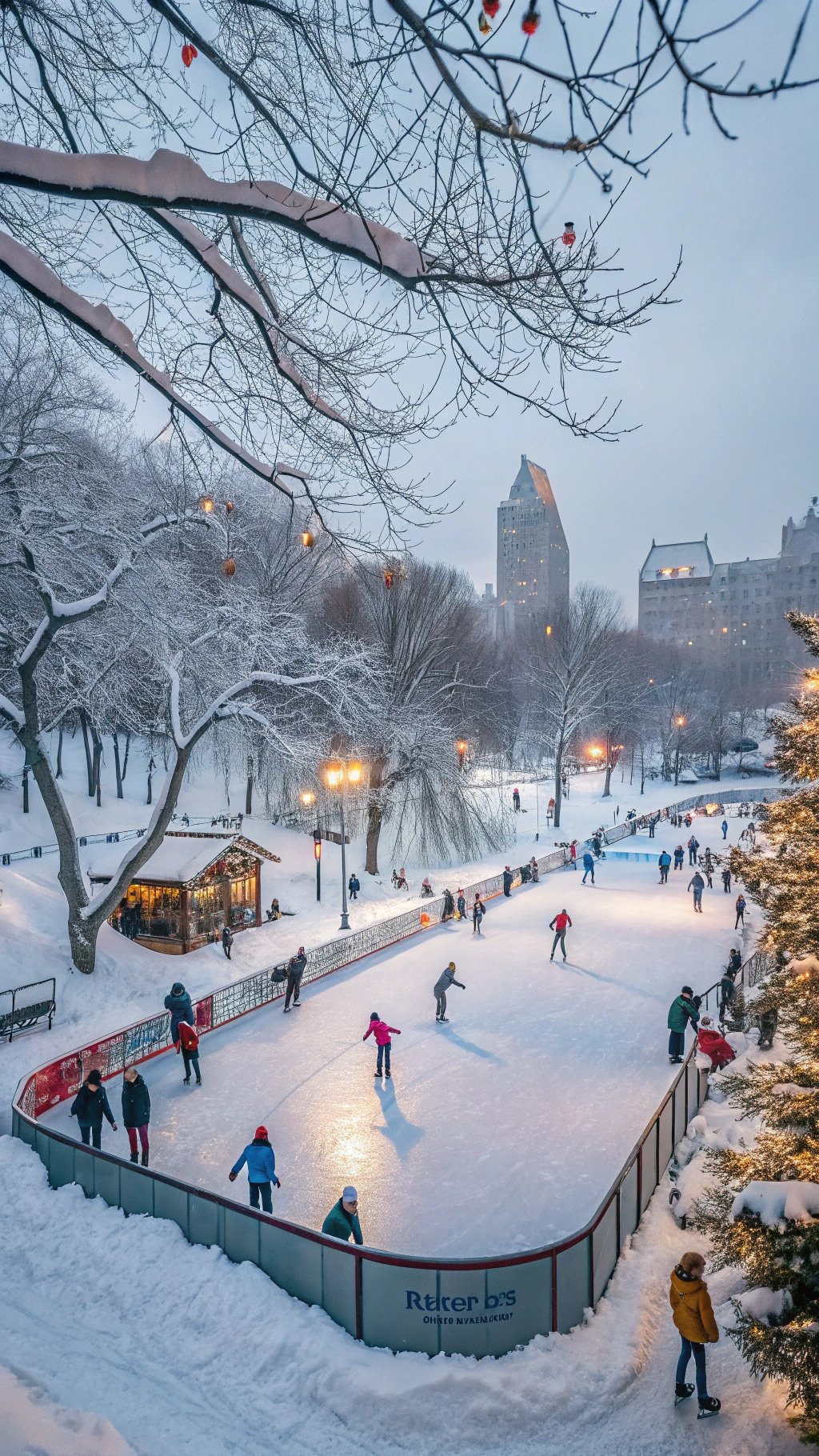 A winter scene of an ice skating rink with people skating, surrounded by snow-covered trees and buildings.
