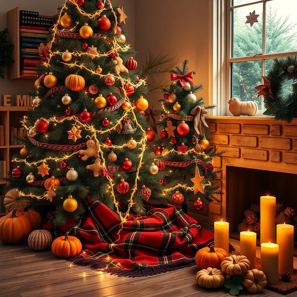 A beautifully decorated Christmas tree with colorful ornaments and lights, surrounded by pumpkins and candles.