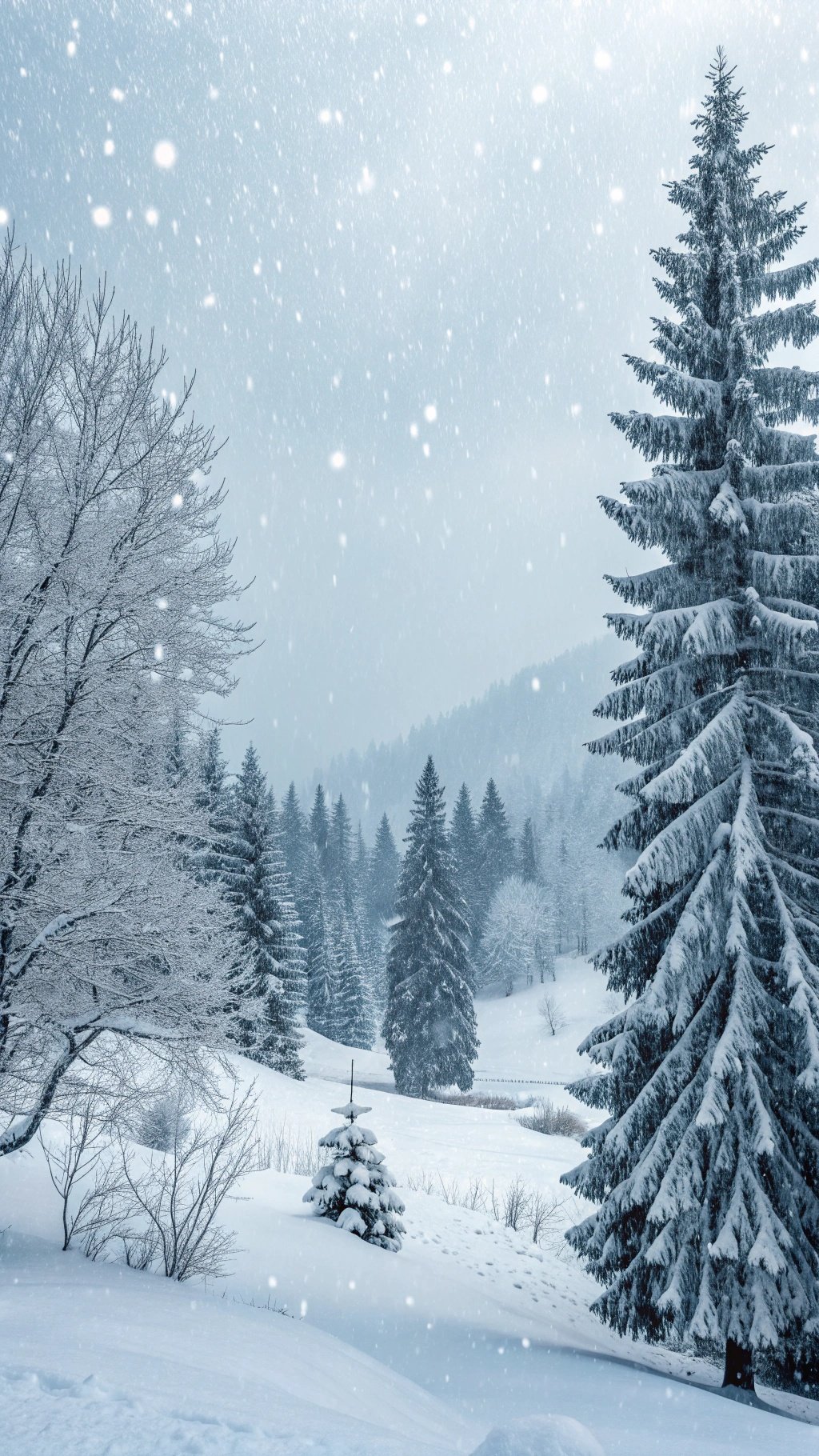 A serene winter landscape with snow-covered trees and falling snowflakes.