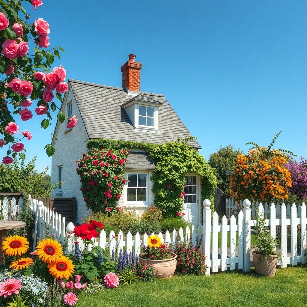 A charming cottage surrounded by colorful flowers and greenery, featuring a white picket fence.
