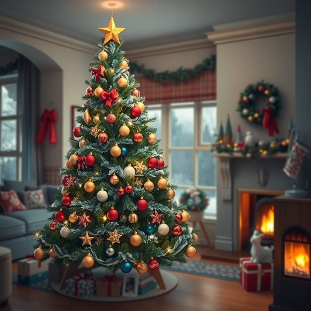 A beautifully decorated Christmas tree with red, gold, and blue ornaments, topped with a star, set in a cozy living room.