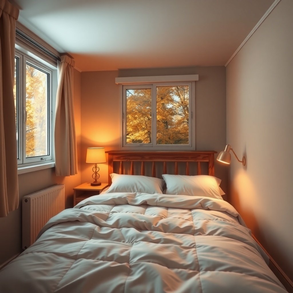 A small cozy bedroom with a bed, lamp, and window showing autumn leaves.