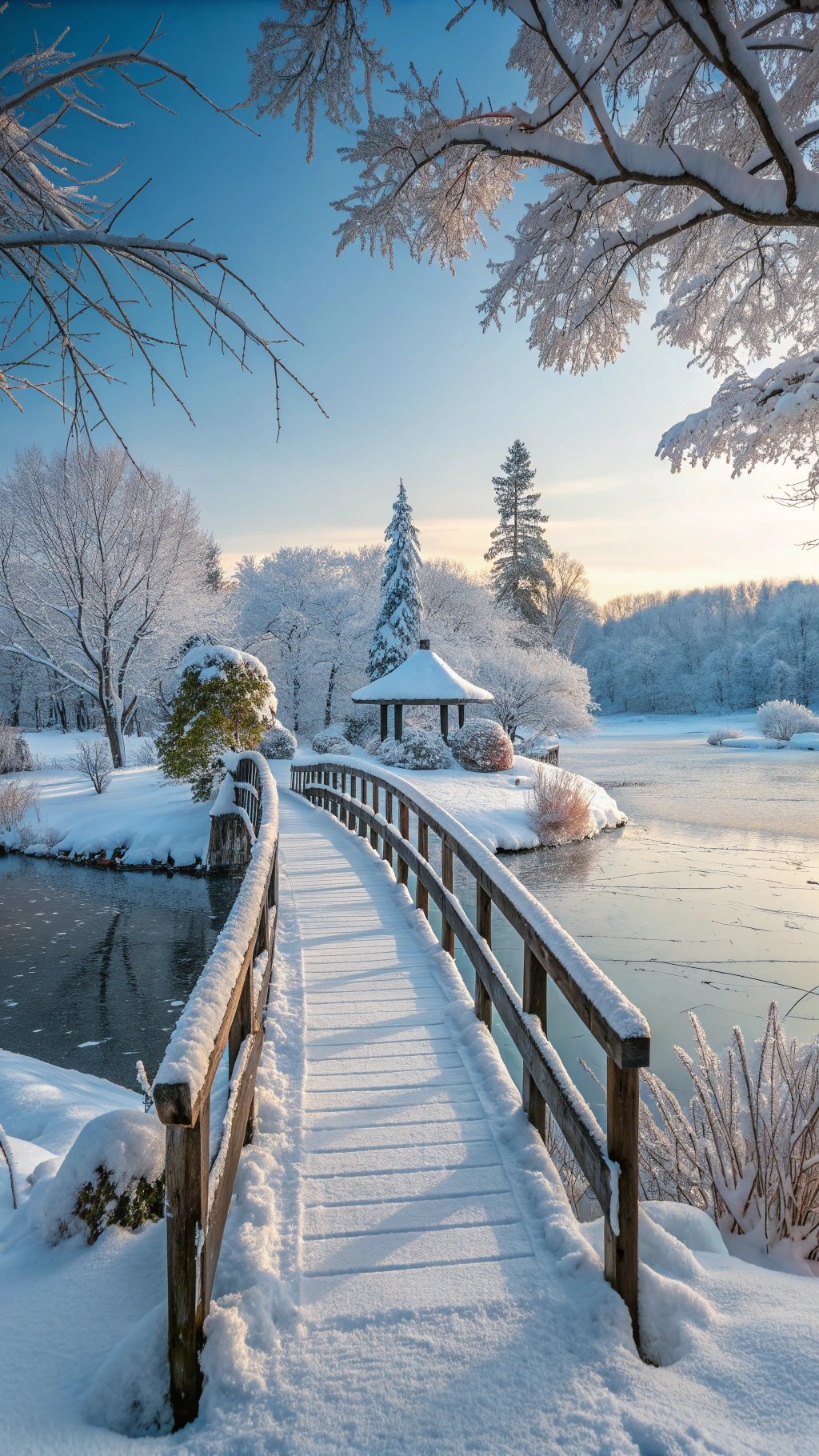 A snow-covered bridge over a frozen pond surrounded by trees in winter.