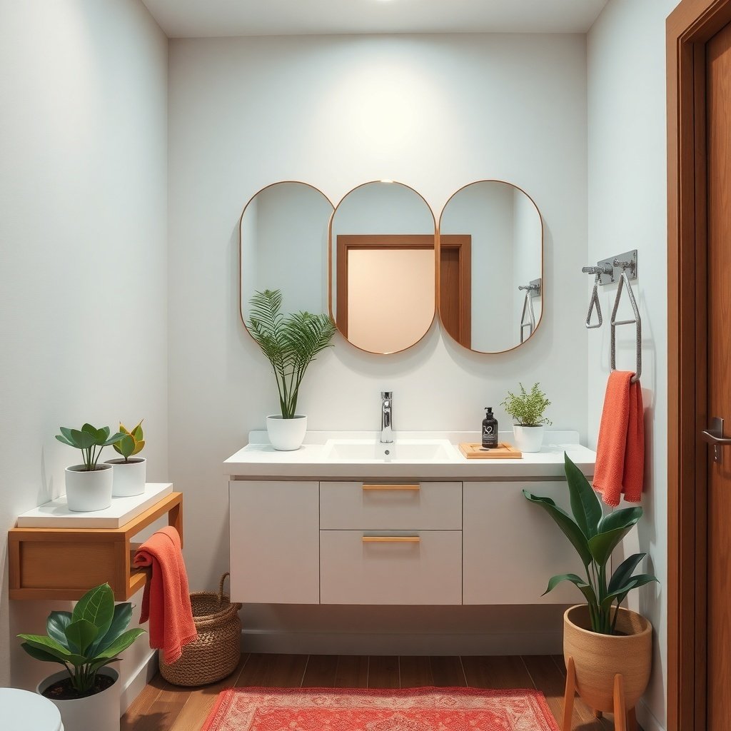 Modern apartment bathroom with mirrors, plants, and warm wood accents