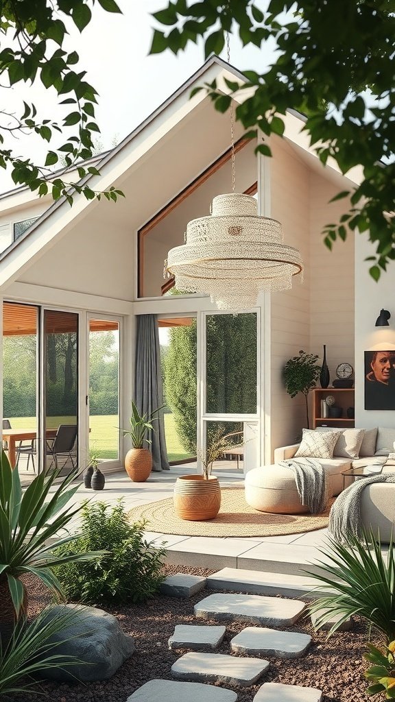 A modern minimalistic cottage interior with a cozy seating area, large windows, and natural decor.