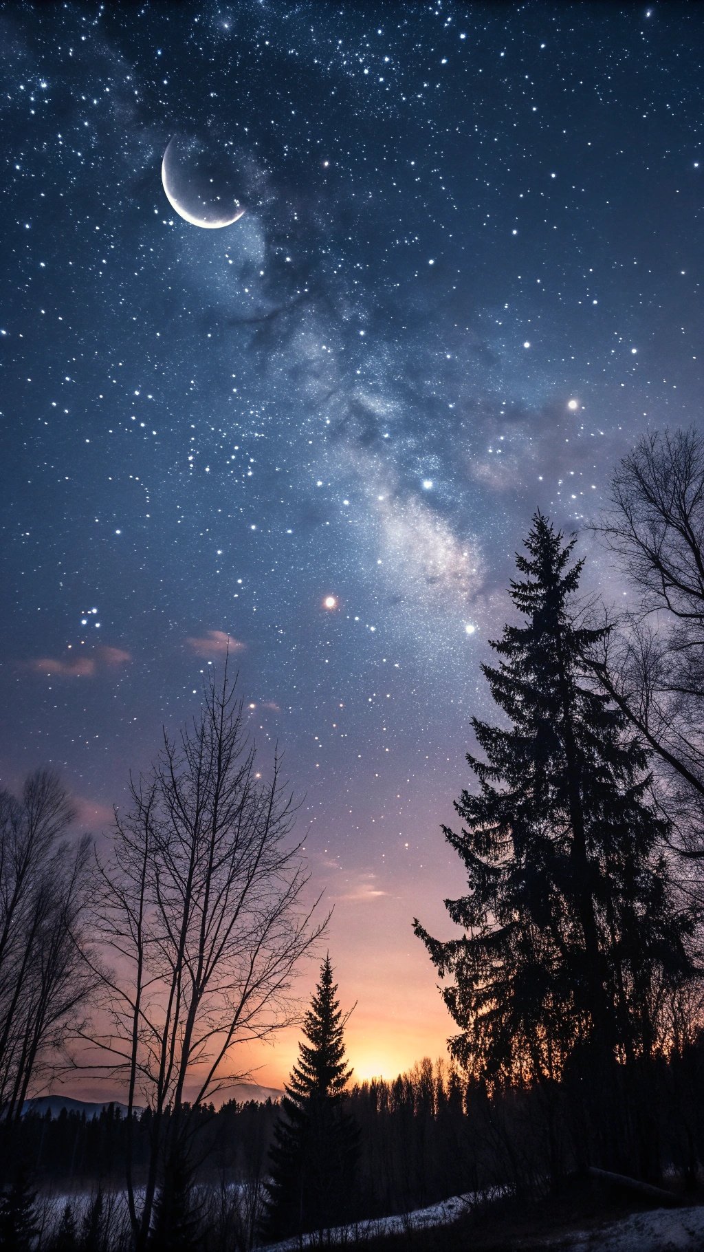 A starry night sky with a crescent moon and silhouetted trees