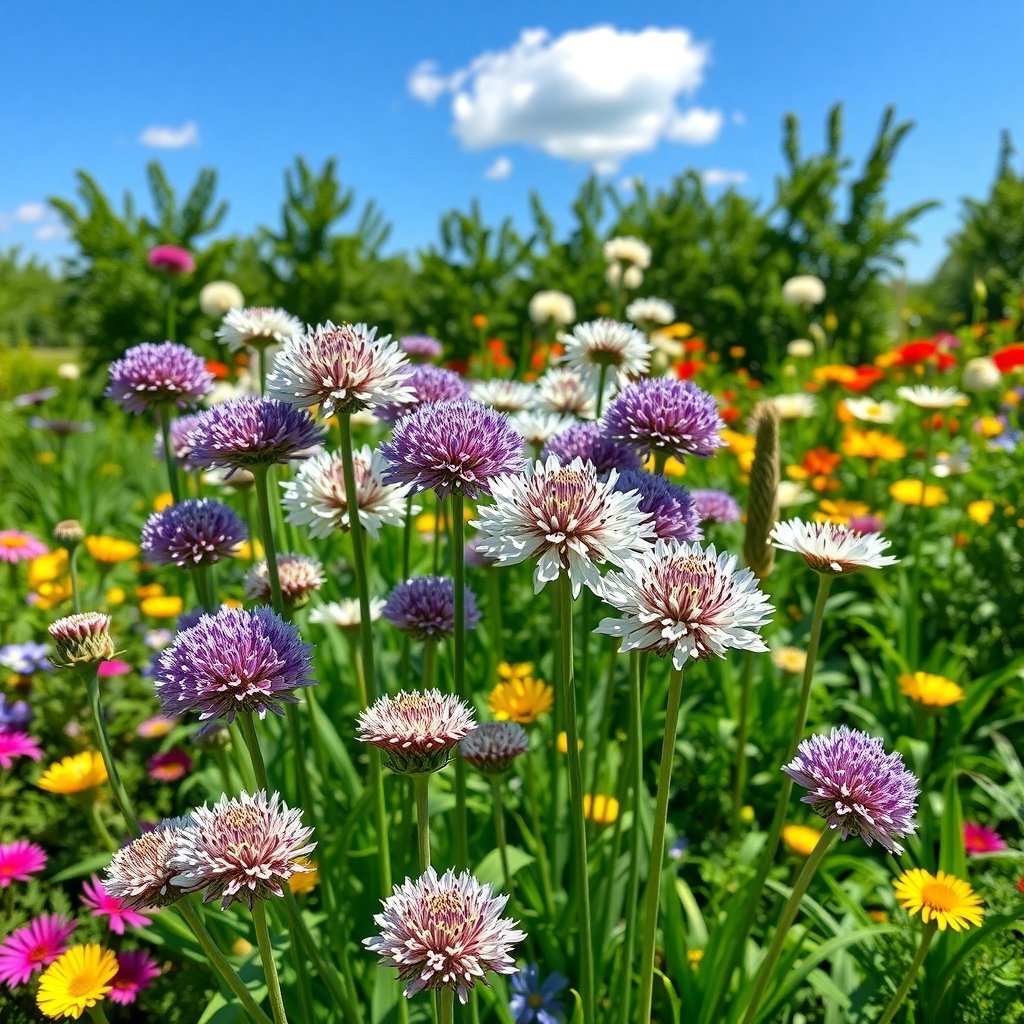 Colorful garden with alliums and various flowers under a blue sky. Gardening Ideas