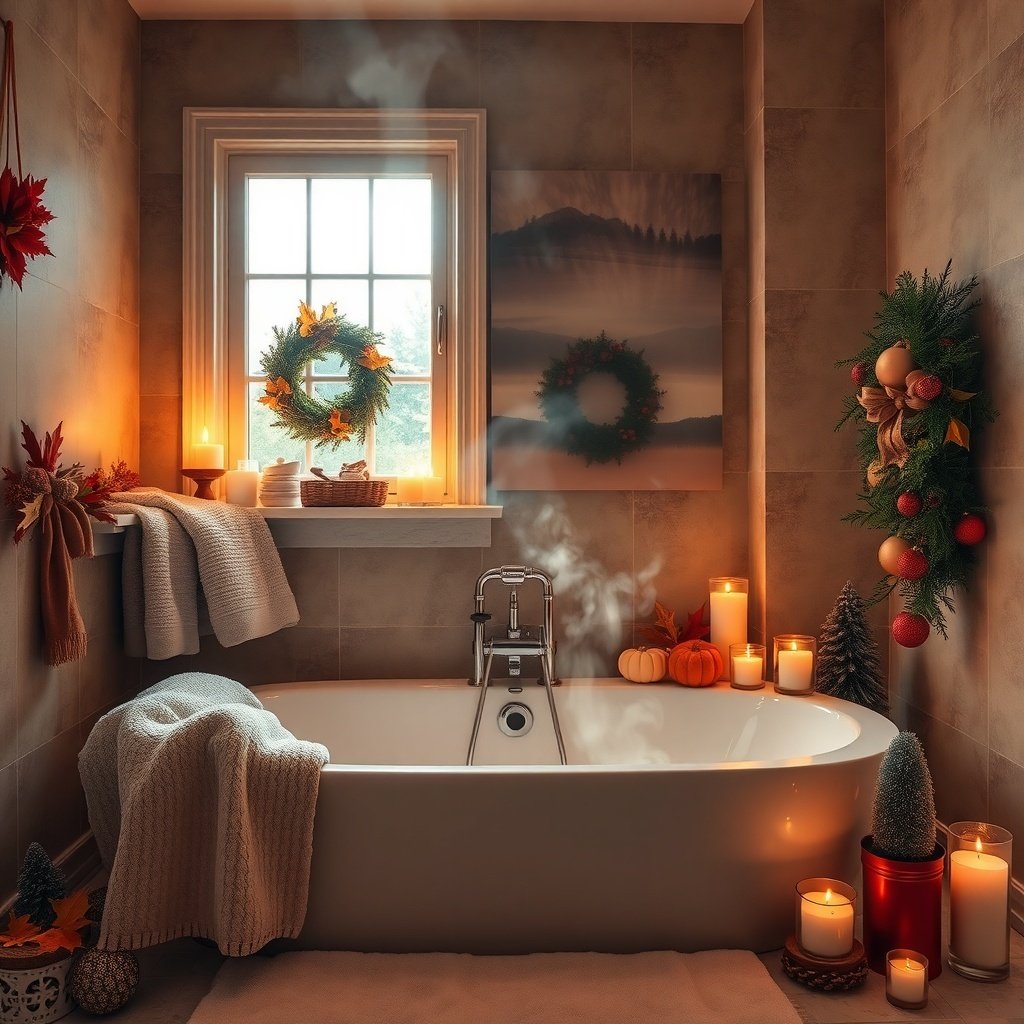 A cozy bathroom decorated for fall and Christmas with candles, wreaths, and a warm bathtub.