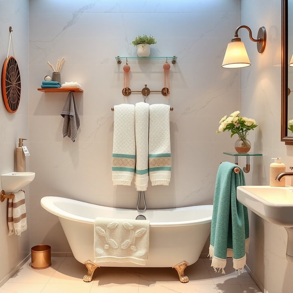 Stylish bathroom with neatly arranged towels, a bathtub, and decorative elements.