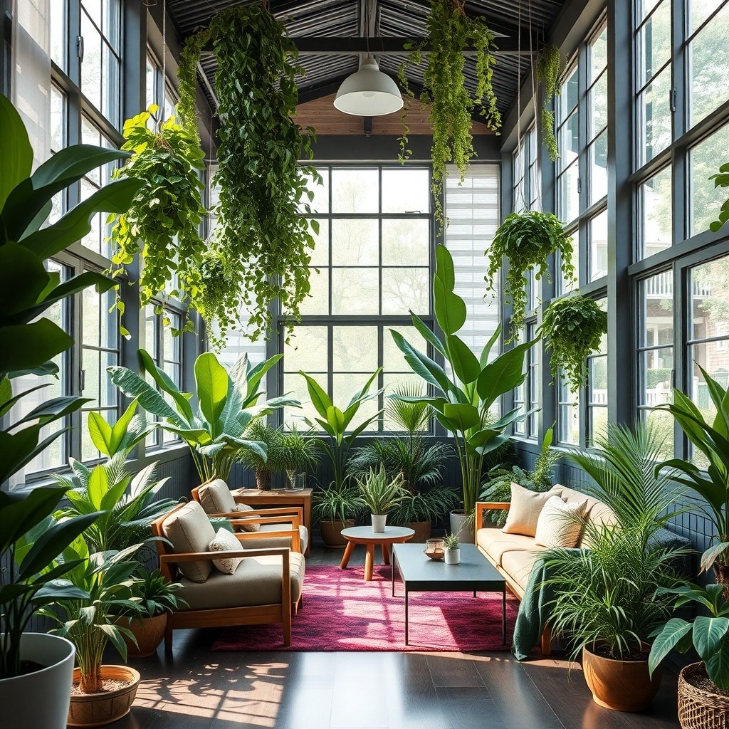 A sunroom filled with various plants, featuring cozy seating and large windows.