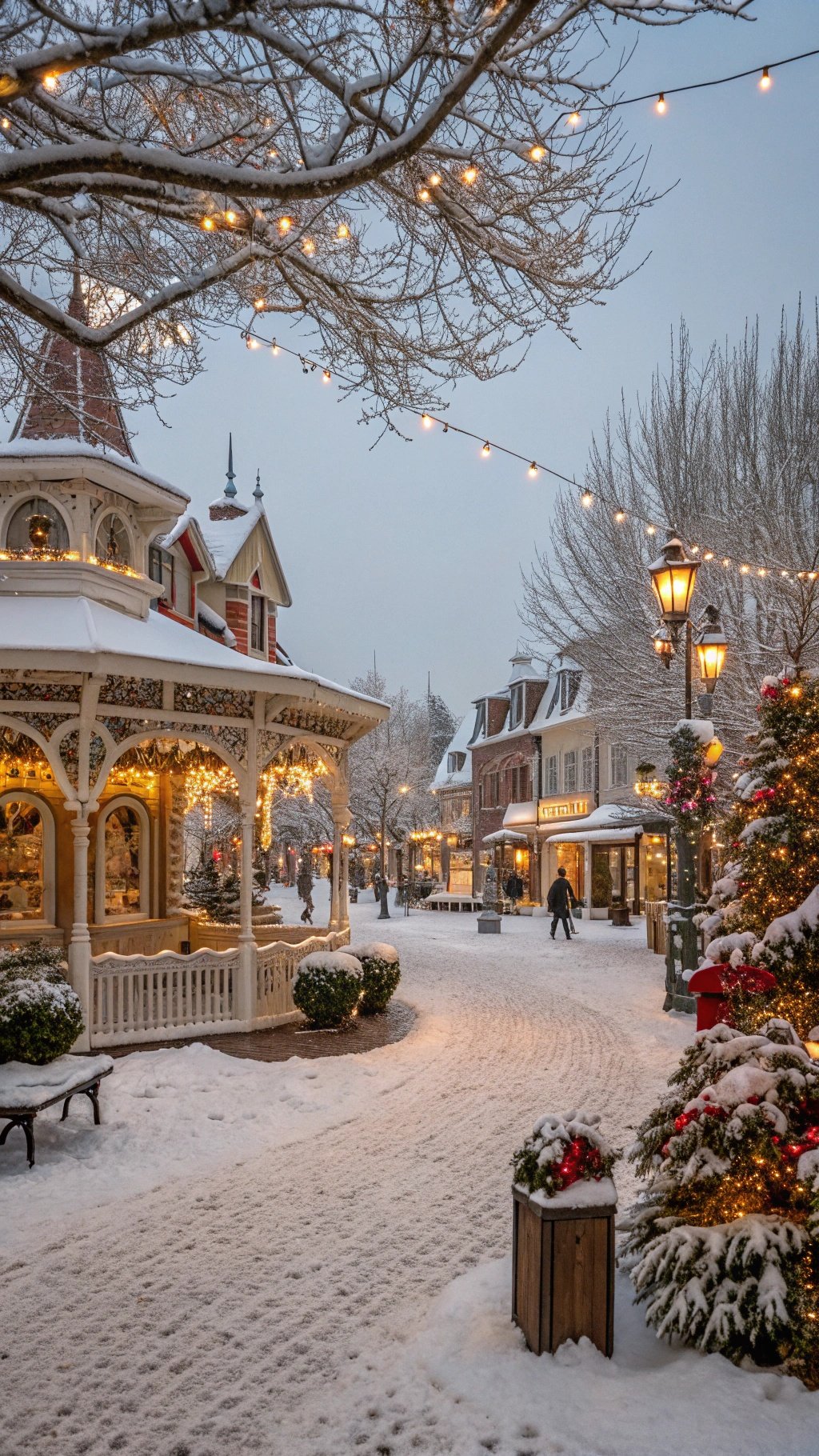 A snowy village scene with twinkling lights and festive decorations.