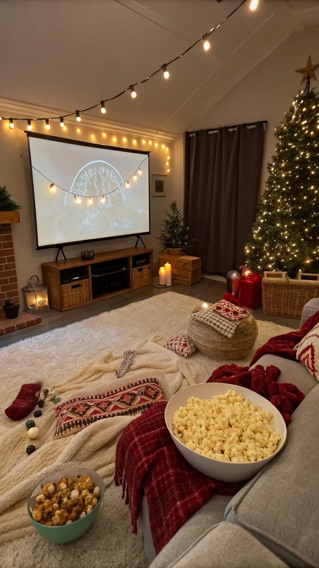 Cozy holiday movie night setup with popcorn, blankets, and a Christmas tree.