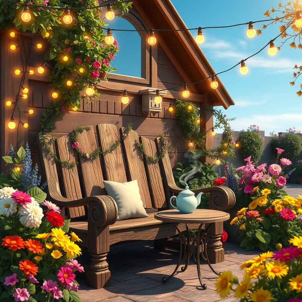A cozy garden seating area with a wooden bench, colorful flowers, and string lights.