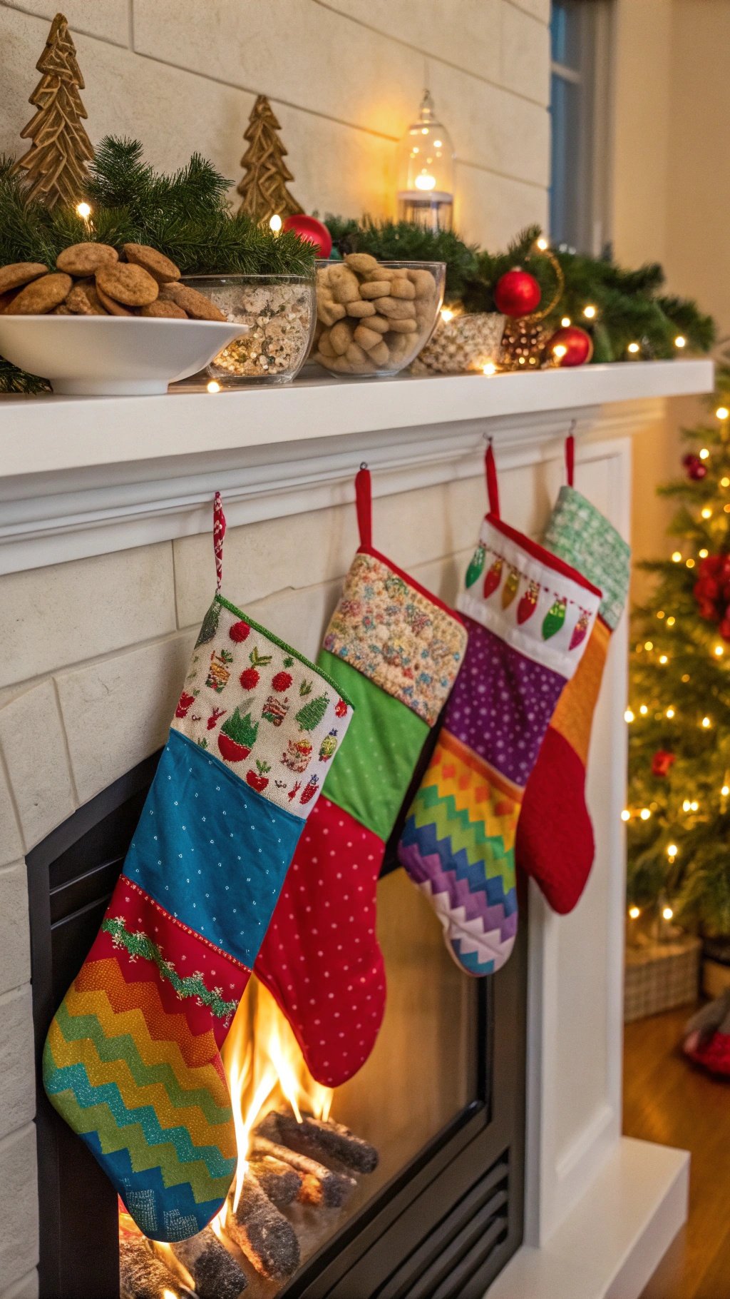 Colorful Christmas stockings hanging by a fireplace with festive decorations.