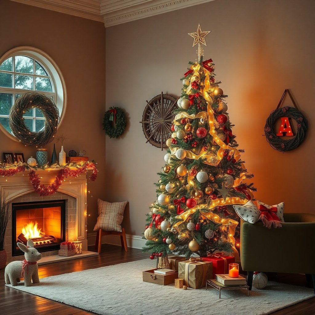 A beautifully decorated Christmas tree with lights and ornaments in a cozy living room setting.
