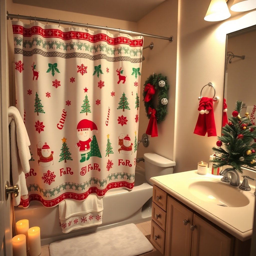 A festive bathroom decorated for Christmas with a Santa shower curtain, a small Christmas tree, and red towels.