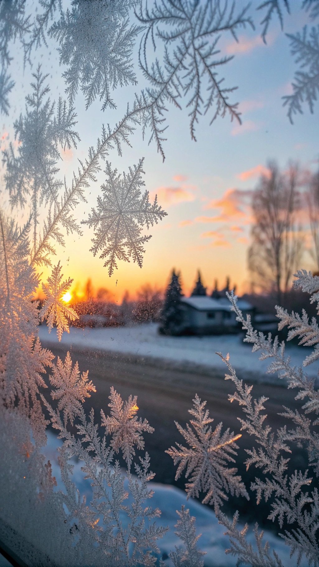 Frosty window patterns with snowflakes and a sunset in the background