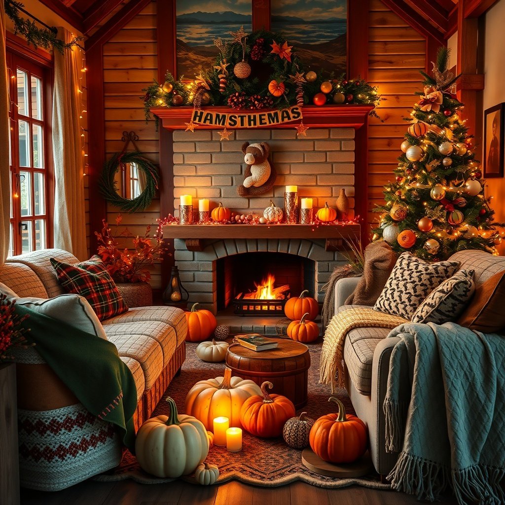 Cozy living room decorated for fall and Christmas with pumpkins, a fireplace, and a Christmas tree.