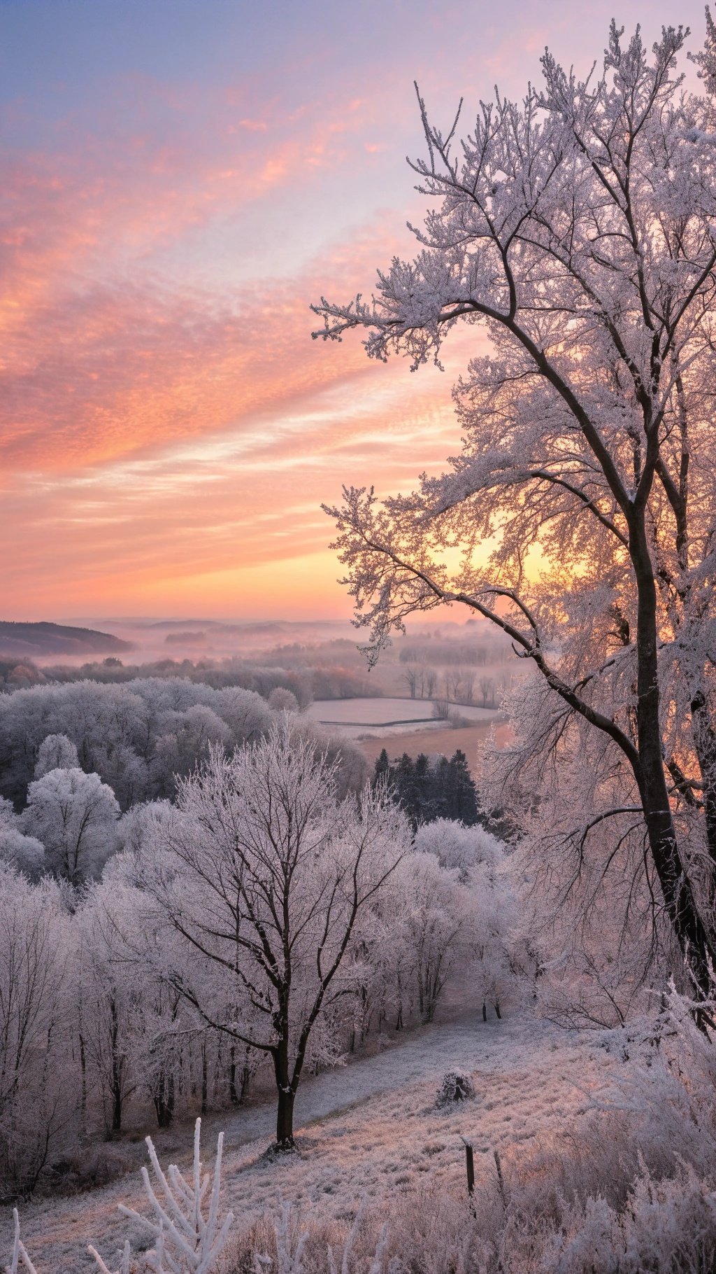A frosty morning landscape with trees covered in frost and a colorful sunrise.