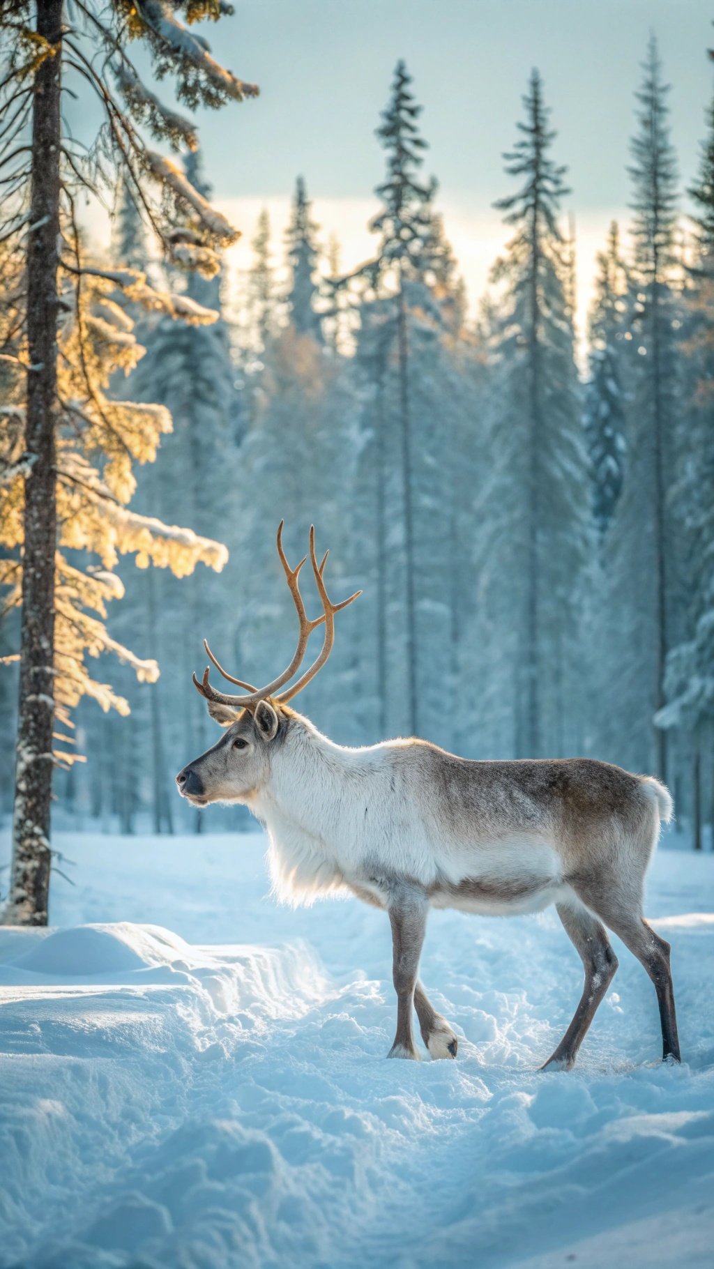 A reindeer walking in a snowy forest with trees in the background.