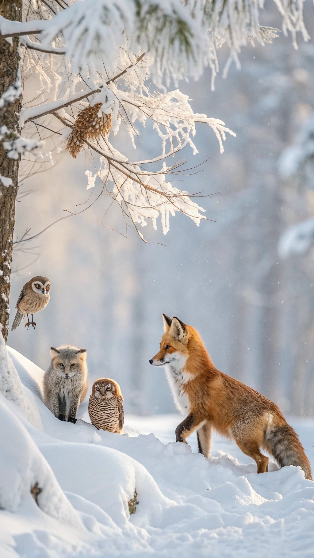 A fox and two owls in a snowy landscape, showcasing cute winter animals.