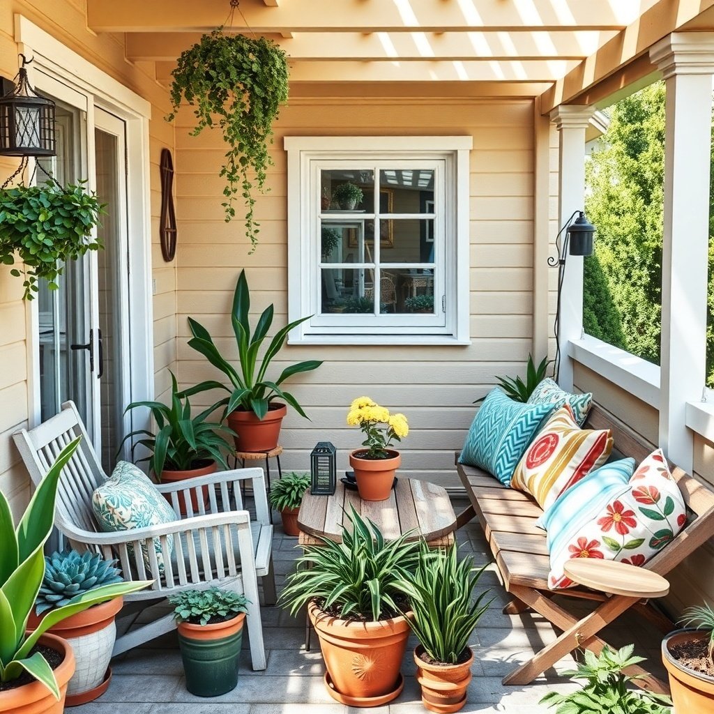 A cozy patio with potted plants and comfortable seating, showcasing a vibrant outdoor space.