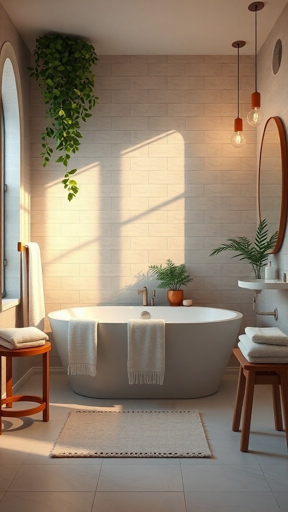 A cozy bathroom featuring a freestanding tub, plants, and warm lighting.