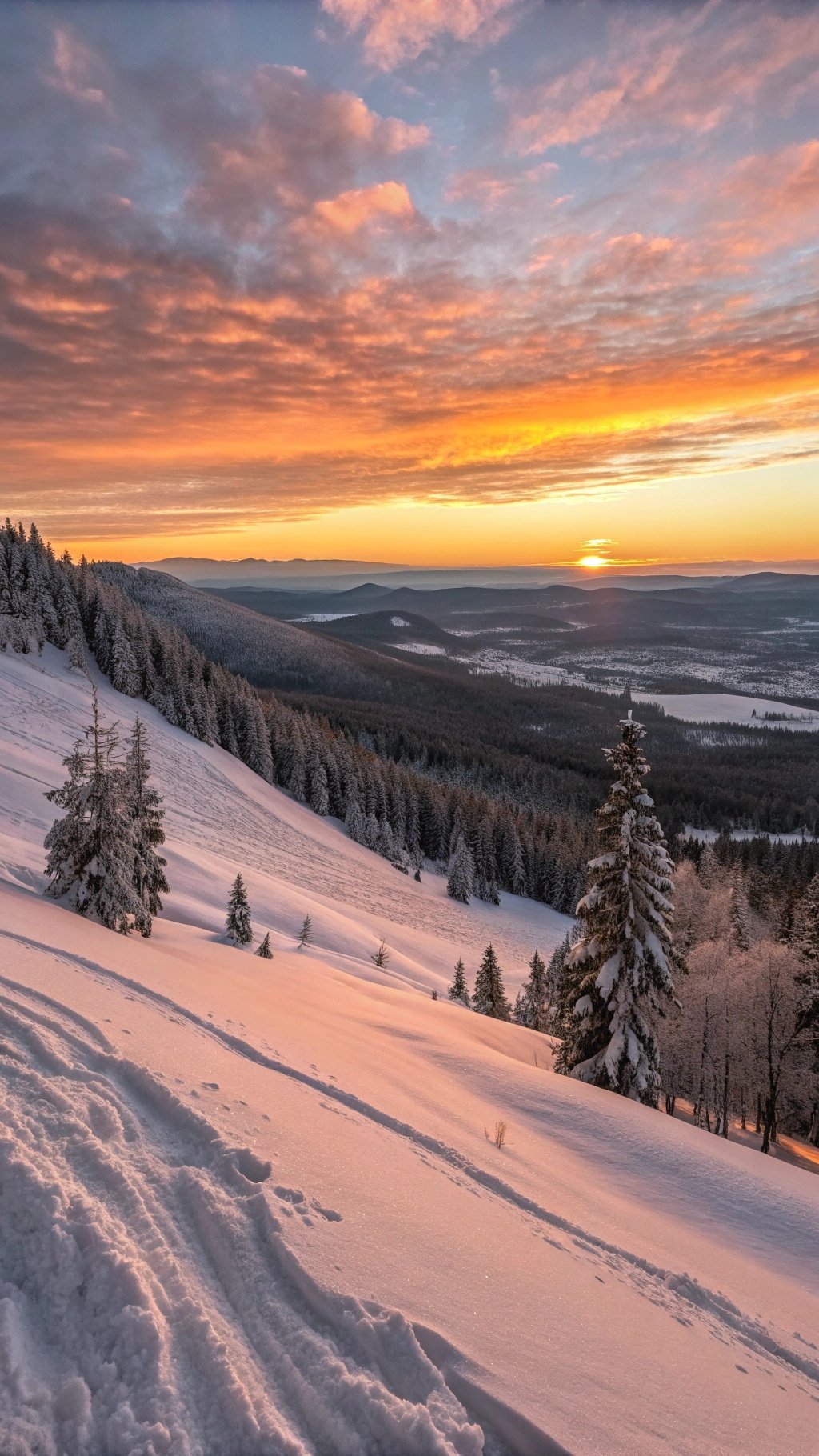 A beautiful winter sunset over a snow-covered landscape with trees.