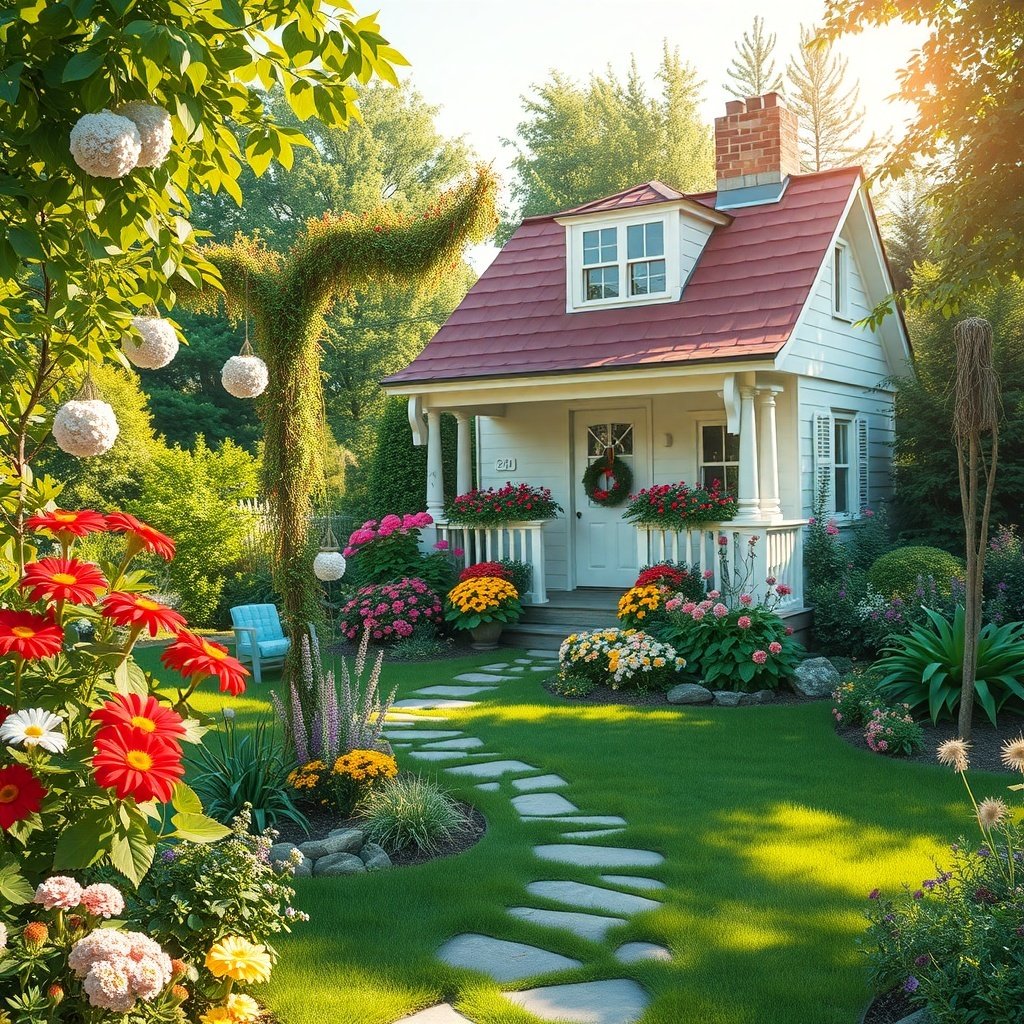 A charming summer house surrounded by colorful flowers and a stone pathway.