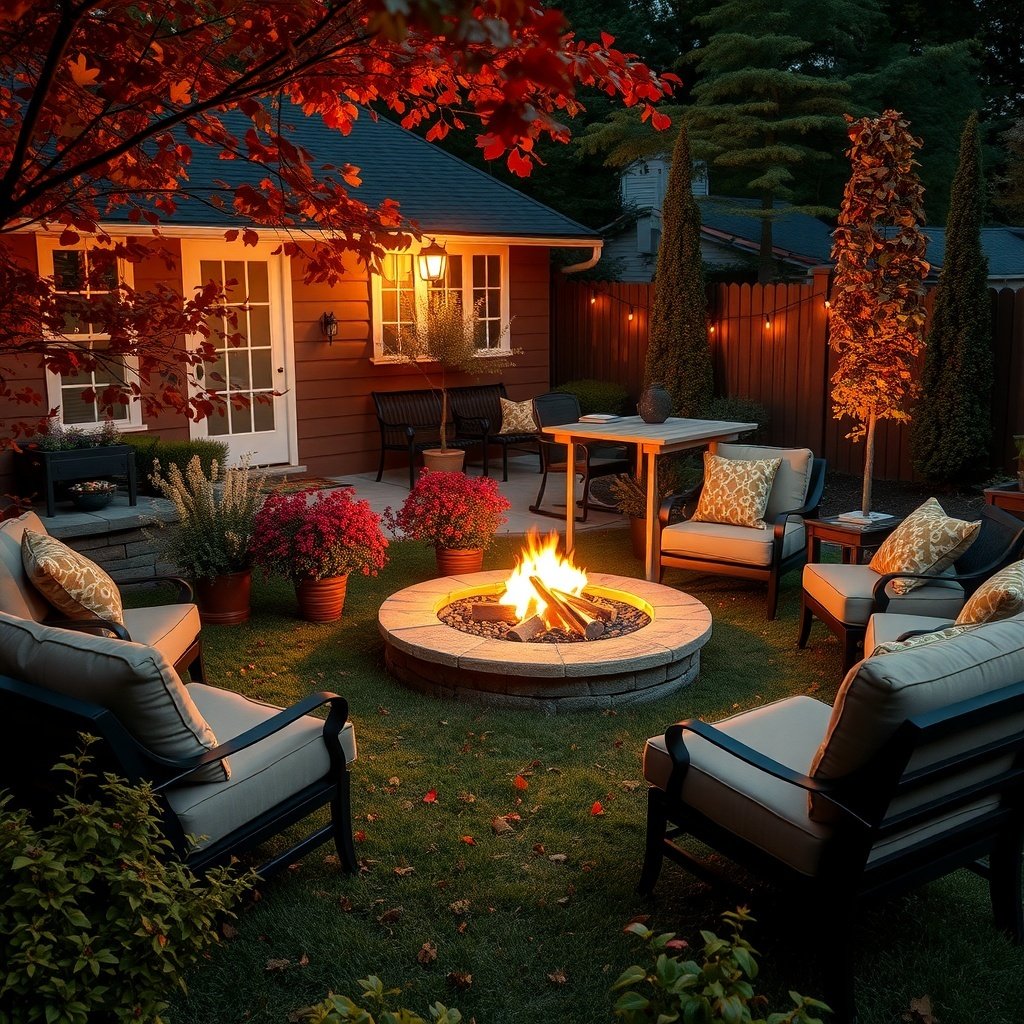 A cozy backyard with a small fire pit surrounded by seating and plants.