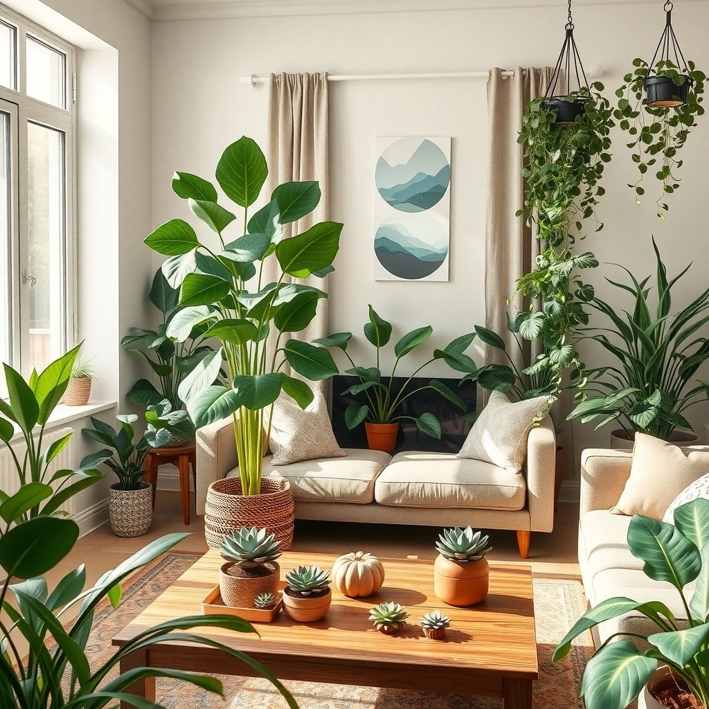 A bright living room filled with various indoor plants, including large leafy plants and small succulents on a coffee table.